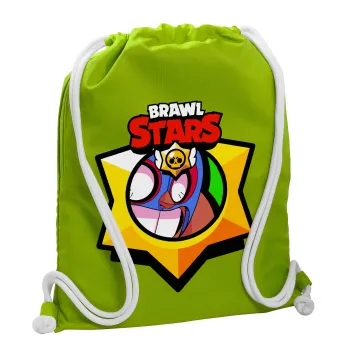 Brawl Stars El primo, Τσάντα πλάτης πουγκί GYMBAG LIME GREEN, με τσέπη (40x48cm) & χονδρά κορδόνια