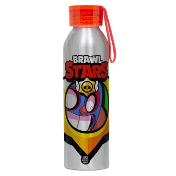 Brawl Stars El primo, Αλουμινένιο Αθλητικό Μπουκάλι 650ml – Ασημί με Κόκκινο Καπάκι και Λουράκι Σιλικόνης
