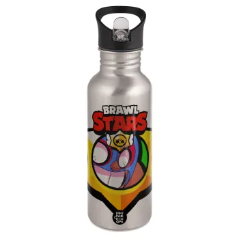 Brawl Stars El primo, Water bottle Silver with straw, stainless steel 600ml