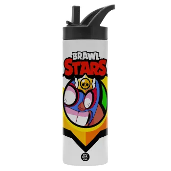 Brawl Stars El primo, Metallic thermos bottle with straw & handle, stainless steel (Stainless steel 304), double-walled, 600ml.