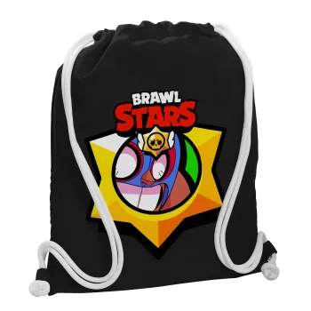 Brawl Stars El primo, Τσάντα πλάτης πουγκί GYMBAG Μαύρη, με τσέπη (40x48cm) & χονδρά λευκά κορδόνια