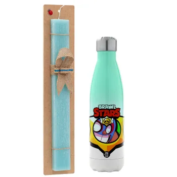 Brawl Stars El primo, Easter Set, Metallic green/white thermos (Stainless steel), double-walled, 500ml & scented flat Easter candle (30cm) (TURQUOISE)