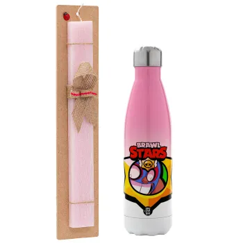 Brawl Stars El primo, Πασχαλινή Λαμπάδα με Μεταλλικό παγούρι θερμός Ροζ/Λευκό (Stainless steel), διπλού τοιχώματος, 500ml & κερί αρωματικό πλακέ (30cm) (ΡΟΖ)