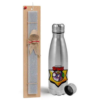 Brawl Stars El primo, Easter Set, metallic Inox water bottle (750ml) & aromatic flat Easter candle (30cm) (GRAY)