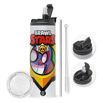 Brawl Stars El primo, Travel Tumbler θερμό με διπλό καπάκι, μεταλλικό καλαμάκι και βούρτσα καθαρισμού (Ανωξείδωτο 304 Food grade, BPA free, 600ml)