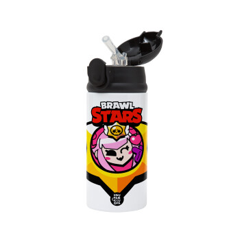 Brawl Stars Melodie, Children's hot water bottle, stainless steel, with safety straw, Black (360ml) BPA-FREE