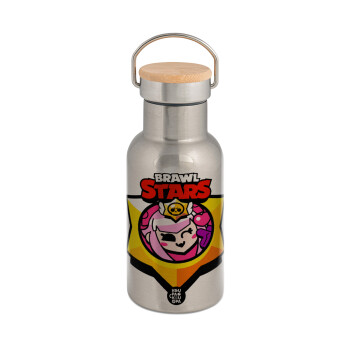 Brawl Stars Melodie, Μεταλλικό παγούρι θερμός (Stainless steel) Ασημένιο με ξύλινο καπακι (bamboo), διπλού τοιχώματος, 350ml