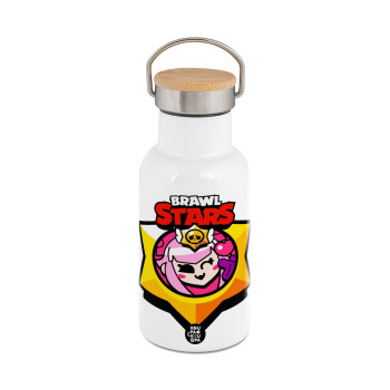 Brawl Stars Melodie, Μεταλλικό παγούρι θερμός (Stainless steel) Λευκό με ξύλινο καπακι (bamboo), διπλού τοιχώματος, 350ml