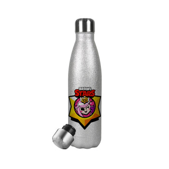 Brawl Stars Melodie, Μεταλλικό παγούρι θερμός Glitter Aσημένιο (Stainless steel), διπλού τοιχώματος, 500ml