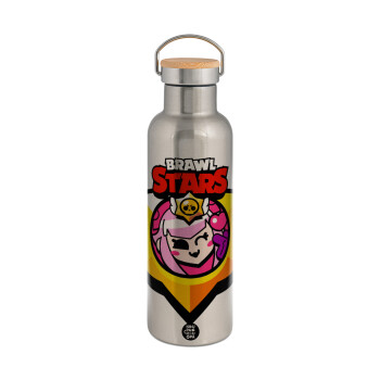 Brawl Stars Melodie, Μεταλλικό παγούρι θερμός (Stainless steel) Ασημένιο με ξύλινο καπακι (bamboo), διπλού τοιχώματος, 750ml