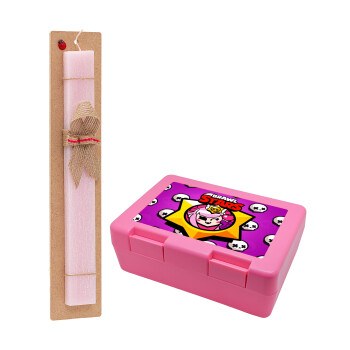 Brawl Stars Melodie, Πασχαλινή Λαμπάδα με παιδικό δοχείο κολατσιού ΡΟΖ & κερί αρωματικό πλακέ (30cm) (ΡΟΖ)