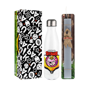 Brawl Stars Melodie, Πασχαλινή Λαμπάδα με μεταλλικό παγούρι θερμός λευκός (500ml) & λαμπάδα αρωματική πλακέ (30cm) (ΓΚΡΙ)