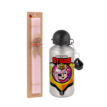 Brawl Stars Melodie, Πασχαλινή Λαμπάδα με παγούρι μεταλλικό Ασημένιο αλουμινίου (500ml) & κερί αρωματικό πλακέ (30cm) (ΡΟΖ)