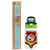 Easter Set, Children's thermal stainless steel bottle with safety straw, green/blue (350ml) & aromatic flat Easter candle (30cm) (TURQUOISE)