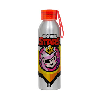 Brawl Stars Melodie, Aluminum Sports Bottle 650ml – Silver with Red Cap and Silicone Strap