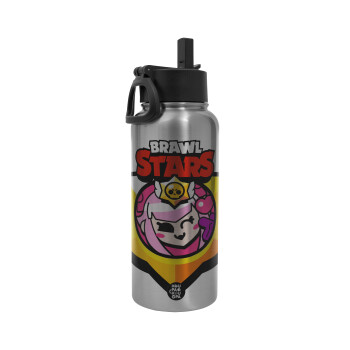 Brawl Stars Melodie, Μεταλλικό παγούρι θερμός Silver με καλαμάκι και χερούλι (Stainless steel), διπλού τοιχώματος, 950ml