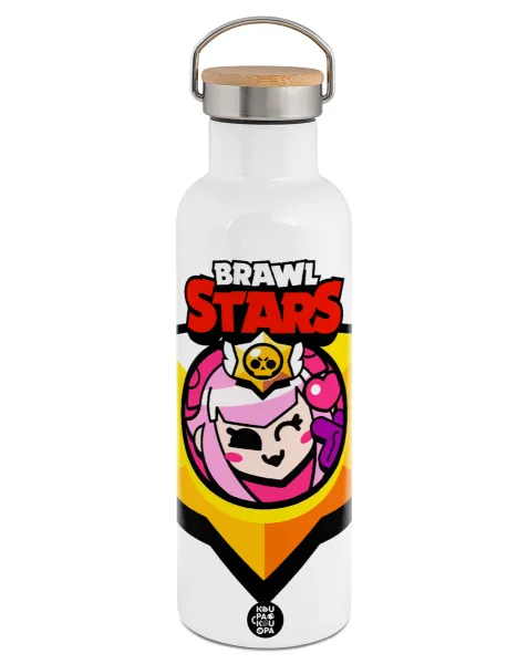 Brawl Stars Melodie — Stainless steel White with wooden lid (bamboo), double wall, 750ml