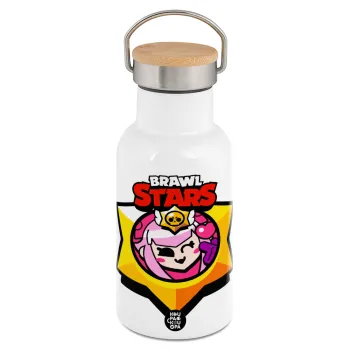 Brawl Stars Melodie, Μεταλλικό παγούρι θερμός (Stainless steel) Λευκό με ξύλινο καπακι (bamboo), διπλού τοιχώματος, 350ml