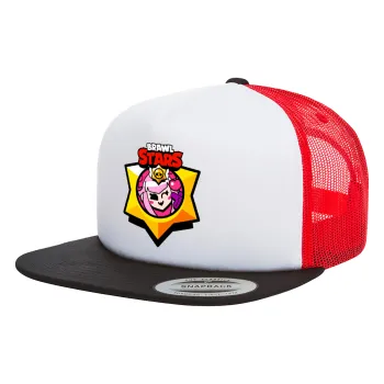Brawl Stars Melodie, Adult Foam Flat Snapback with Mesh Black-White-Red (POLYESTER, ADULT, UNISEX, ONE SIZE)