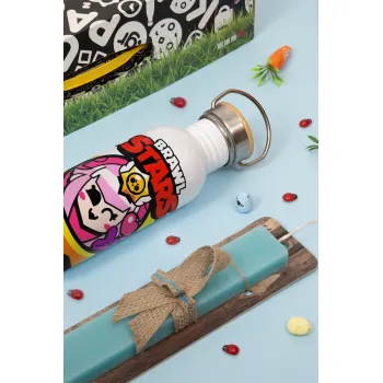 Brawl Stars Melodie, Easter Set, metallic silver aluminum water bottle (500ml) & scented flat Easter candle (30cm) (TURQUOISE)
