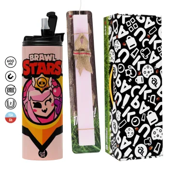 Brawl Stars Melodie, Easter candle,Travel Tumbler 2 Lids, with metal straw & cleaning brush & aromatic flat candle (30cm) (PINK)