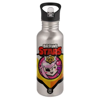 Brawl Stars Melodie, Water bottle Silver with straw, stainless steel 600ml