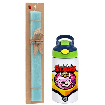 Brawl Stars Melodie, Easter Set, Children's thermal stainless steel bottle with safety straw, green/blue (350ml) & aromatic flat Easter candle (30cm) (TURQUOISE)