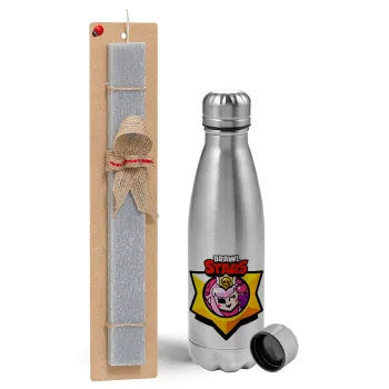 Brawl Stars Melodie, Easter Set, metallic Inox water bottle (750ml) & aromatic flat Easter candle (30cm) (GRAY)