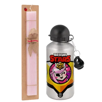 Brawl Stars Melodie, Easter Set, metallic Silver aluminum water bottle (500ml) & scented flat Easter candle (30cm) (PINK)