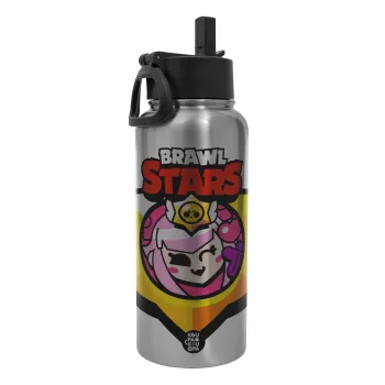 Brawl Stars Melodie, Metal mug thermo Silver with Straw and Spout Lid (Stainless steel), double wall, 950ml