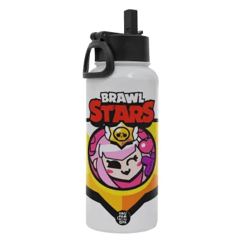 Brawl Stars Melodie, Μεταλλικό παγούρι θερμός Λευκό με καλαμάκι και χερούλι (Stainless steel), διπλού τοιχώματος, 950ml