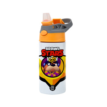Brawl Stars Ruffs, Παιδικό παγούρι θερμό, ανοξείδωτο, με καλαμάκι ασφαλείας, Πορτοκαλί/Γκρι (360ml) BPA-FREE