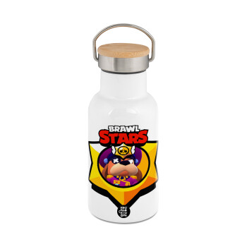 Brawl Stars Ruffs, Μεταλλικό παγούρι θερμός (Stainless steel) Λευκό με ξύλινο καπακι (bamboo), διπλού τοιχώματος, 350ml