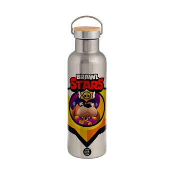 Brawl Stars Ruffs, Μεταλλικό παγούρι θερμός (Stainless steel) Ασημένιο με ξύλινο καπακι (bamboo), διπλού τοιχώματος, 750ml