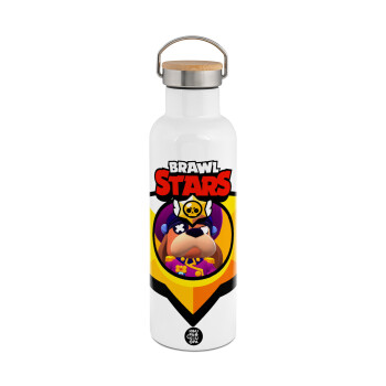 Brawl Stars Ruffs, Μεταλλικό παγούρι θερμός (Stainless steel) Λευκό με ξύλινο καπάκι (bamboo), διπλού τοιχώματος, 750ml