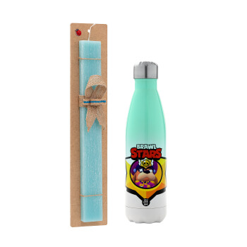 Brawl Stars Ruffs, Πασχαλινή Λαμπάδα με Μεταλλικό παγούρι θερμός Πράσινο/Λευκό (Stainless steel), διπλού τοιχώματος, 500ml & κερί αρωματικό πλακέ (30cm) (ΤΙΡΚΟΥΑΖ)