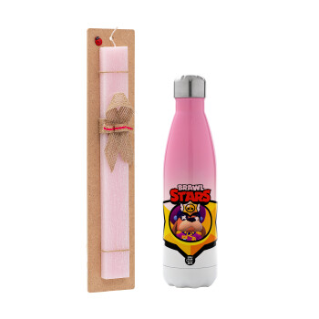 Brawl Stars Ruffs, Πασχαλινή Λαμπάδα με Μεταλλικό παγούρι θερμός Ροζ/Λευκό (Stainless steel), διπλού τοιχώματος, 500ml & κερί αρωματικό πλακέ (30cm) (ΡΟΖ)