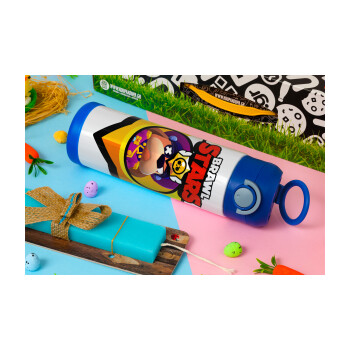 Brawl Stars Ruffs, Πασχαλινή Λαμπάδα με Παιδικό παγούρι θερμό, ανοξείδωτο, με καλαμάκι ασφαλείας, ΜΠΛΕ (500ml)