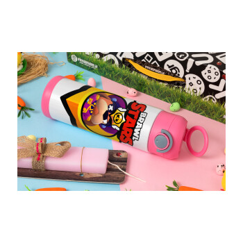 Brawl Stars Ruffs, Πασχαλινή Λαμπάδα με Παιδικό παγούρι θερμό, ανοξείδωτο, με καλαμάκι ασφαλείας, ΡΟΖ (500ml)