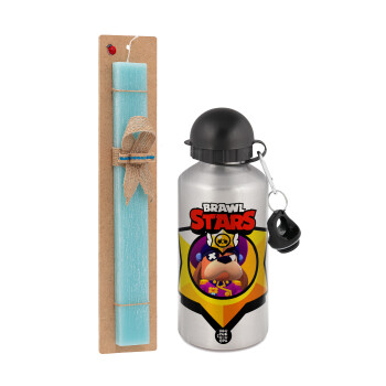 Brawl Stars Ruffs, Πασχαλινή Λαμπάδα με παγούρι μεταλλικό Ασημένιο αλουμινίου (500ml) & κερί αρωματικό πλακέ (30cm) (ΤΙΡΚΟΥΑΖ)