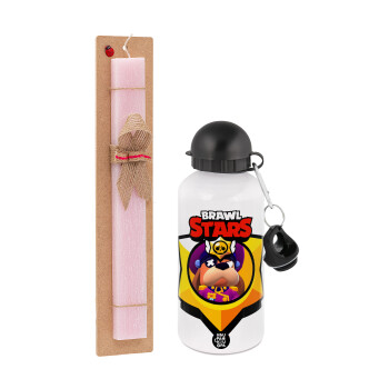 Brawl Stars Ruffs, Πασχαλινή Λαμπάδα με παγούρι μεταλλικό αλουμινίου (500ml) & κερί αρωματικό πλακέ (30cm) (ΡΟΖ)