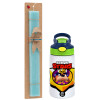 Easter Set, Children's thermal stainless steel bottle with safety straw, green/blue (350ml) & aromatic flat Easter candle (30cm) (TURQUOISE)