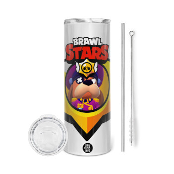 Brawl Stars Ruffs, Tumbler ποτήρι θερμό από ανοξείδωτο ατσάλι 600ml, με μεταλλικό καλαμάκι & βούρτσα καθαρισμού