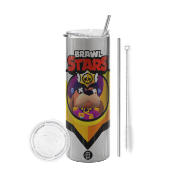 Brawl Stars Ruffs, Tumbler ποτήρι θερμό Ασημένιο από ανοξείδωτο ατσάλι 600ml, με μεταλλικό καλαμάκι & βούρτσα καθαρισμού