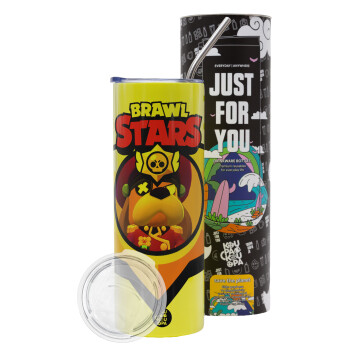 Brawl Stars Ruffs, Neon Yellow Travel Tumbler θερμό, μεταλλικό καλαμάκι(Ανωξείδωτο 304 Food grade, BPA free, 600ml)