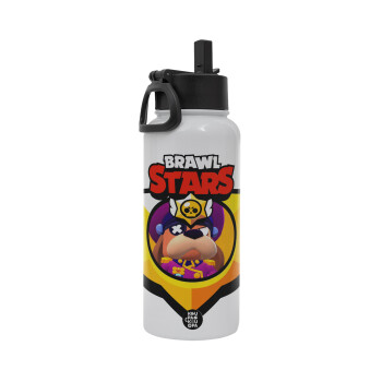 Brawl Stars Ruffs, Μεταλλικό παγούρι θερμός Λευκό με καλαμάκι και χερούλι (Stainless steel), διπλού τοιχώματος, 950ml