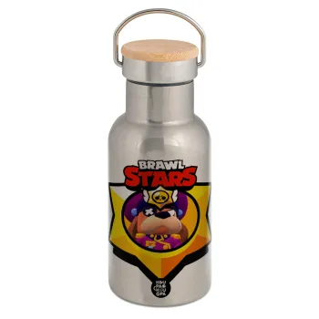 Brawl Stars Ruffs, Μεταλλικό παγούρι θερμός (Stainless steel) Ασημένιο με ξύλινο καπακι (bamboo), διπλού τοιχώματος, 350ml