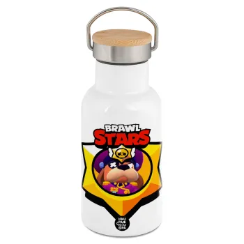 Brawl Stars Ruffs, Μεταλλικό παγούρι θερμός (Stainless steel) Λευκό με ξύλινο καπακι (bamboo), διπλού τοιχώματος, 350ml