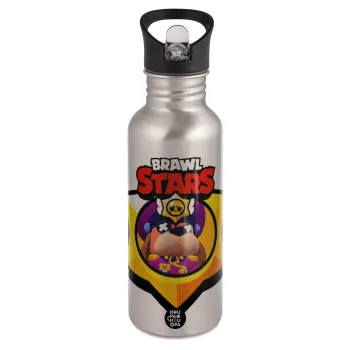 Brawl Stars Ruffs, Παγούρι νερού Ασημένιο με καλαμάκι, ανοξείδωτο ατσάλι 600ml