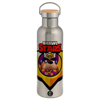 Brawl Stars Ruffs, Μεταλλικό παγούρι θερμός (Stainless steel) Ασημένιο με ξύλινο καπακι (bamboo), διπλού τοιχώματος, 750ml